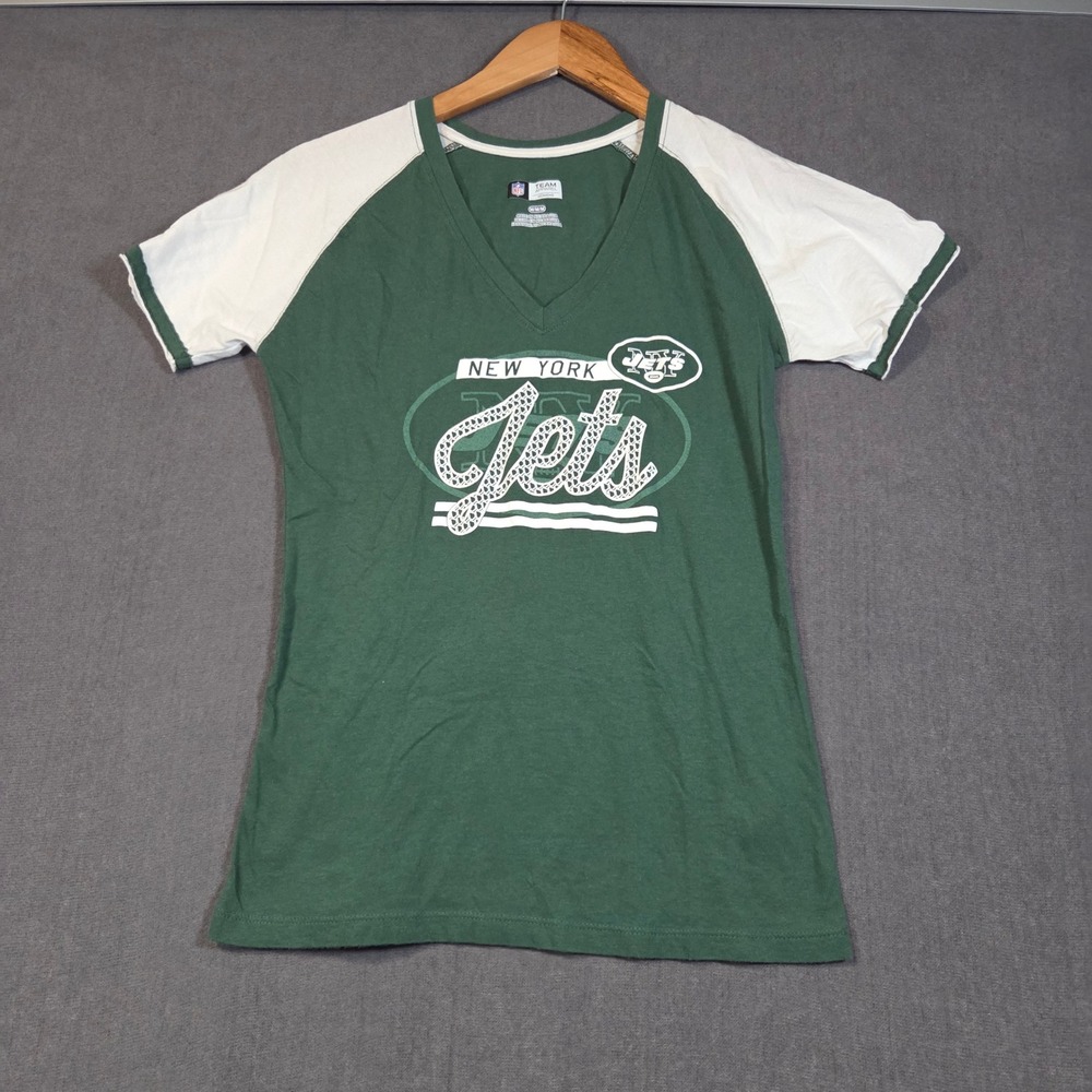 NFL Team Apparel New York Jets T-Shirt Womens Medium Green White Raglan V-Neck